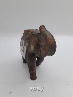 Vintage Carved Wooden & Brass Elephant Hand Made Mother of Pearl. 19cm