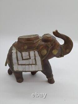 Vintage Carved Wooden & Brass Elephant Hand Made Mother of Pearl. 19cm