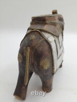 Vintage Carved Wooden & Brass Elephant Hand Made Mother of Pearl. 19cm