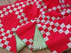 Vintage Christmas Red & Green Irish Chain Quilt 75x75 Cowboy Indian Feedsack
