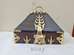 Vintage Coin Treasure Jewelry Box Dowry Brass Antique Kerala India Wooden box