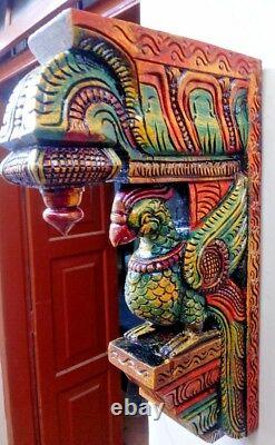 Vintage Colorful Peacock Wooden Rare Bracket Bird Sculpted Corbel Pair Statue
