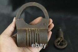 Vintage Cylindrical Iron Lock Handmade, Screw Key, Indian Antique Padlock