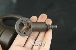 Vintage Cylindrical Iron Lock Handmade, Screw Key, Indian Antique Padlock