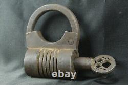 Vintage Cylindrical Iron Lock Handmade, Screw Key, Indian Antique Padlock