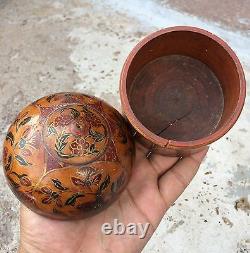 Vintage Early Dome Shape Handmade Floral Design Lacquer Painted Box- Gold Work