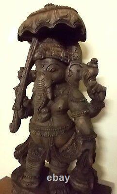 Vintage Ganesha Sculpture Hindu God Umbrella Ganesh Statue Temple Figurine Murti