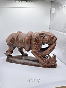 Vintage Hand Carved Indian Wooden Tiger Fighting Serpent Snake Decorative