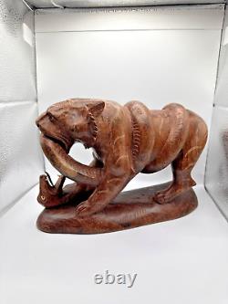 Vintage Hand Carved Indian Wooden Tiger Fighting Serpent Snake Decorative