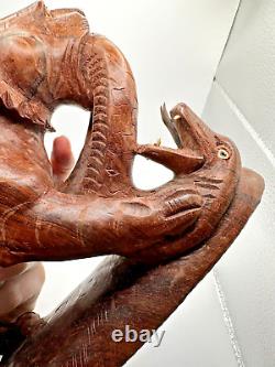 Vintage Hand Carved Indian Wooden Tiger Fighting Serpent Snake Decorative