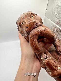 Vintage Hand Carved Indian Wooden Tiger Fighting Serpent Snake Decorative