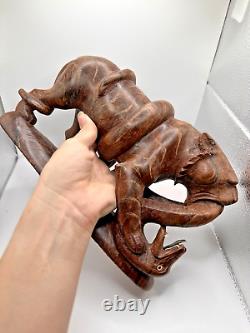 Vintage Hand Carved Indian Wooden Tiger Fighting Serpent Snake Decorative