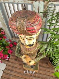 Vintage Hand Carved Painted Wooden Indian Guard Statue Sculpture