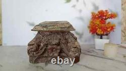 Vintage Hand Craved Wooden Candle Stand, Hand Made Rustic Brown Ancient Unique