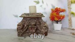 Vintage Hand Craved Wooden Candle Stand, Hand Made Rustic Brown Ancient Unique