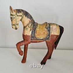 Vintage Hand Painted Wooden Wedding Horse Figure GHODI Indian 27cm Hand Carved