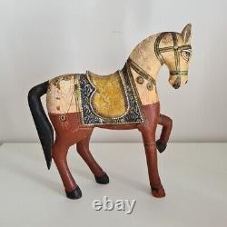 Vintage Hand Painted Wooden Wedding Horse Figure GHODI Indian 27cm Hand Carved