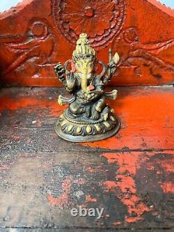 Vintage Hindu Deity Ganesha. Sino-tibetan Bronze, Gold & Polychrome. Lotus Base