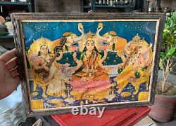 Vintage Hindu Diwali Puja Deities Ganesha Saraswathi & Lakshmi Print Framed