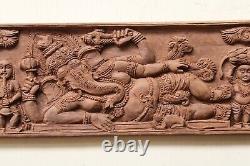 Vintage Hindu God Ganesha Wall Panel Sculpture Hand Carved Wooden Indian Diety