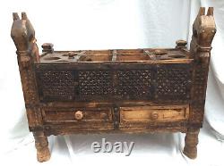 Vintage Indian Asian Hand Carved Wood Drawers Chest Sideboard Horse Iron Work