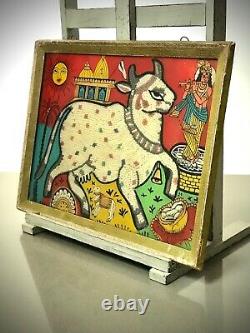 Vintage Indian Bead Painting. Ornately Decorated Sacred Cow & Calf With Krishna