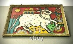 Vintage Indian Bead Painting. Ornately Decorated Sacred Cow & Calf With Krishna