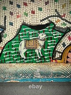 Vintage Indian Bead & Reverse Glass Painting. Cow With Calf, & Krishna. Surabhi