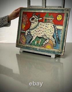 Vintage Indian Bead & Reverse Glass Painting. Cow With Calf, & Krishna. Surabhi