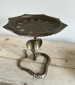 Vintage Indian Brass Cobra Snake Tazza Plate Incense Snacks Cake Stand Peacock