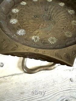 Vintage Indian Brass Cobra Snake Tazza Plate Incense Snacks Cake Stand Peacock