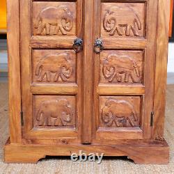 Vintage Indian Cabinet Carved Elephant Mango Wood Cupboard