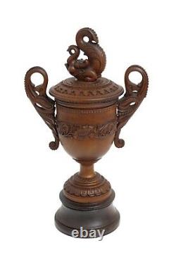 Vintage Indian Carved Wood Trophy Shaped Twin Handled Vase/Cup & Makara Finial