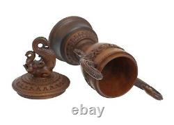 Vintage Indian Carved Wood Trophy Shaped Twin Handled Vase/Cup & Makara Finial