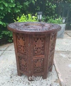 Vintage Indian Carved Wooden Inlaid Folding Side Table