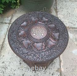 Vintage Indian Carved Wooden Inlaid Folding Side Table