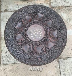 Vintage Indian Carved Wooden Inlaid Folding Side Table