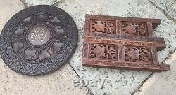 Vintage Indian Carved Wooden Inlaid Folding Side Table