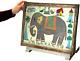 Vintage Indian Glass & Bead Painting Indian Elephant Original Art Deco Frame