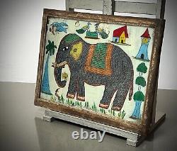 Vintage Indian Glass & Bead Painting Indian Elephant Original Art Deco Frame