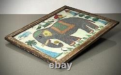 Vintage Indian Glass & Bead Painting Indian Elephant Original Art Deco Frame