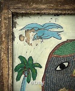 Vintage Indian Glass & Bead Painting Indian Elephant Original Art Deco Frame