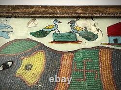 Vintage Indian Glass & Bead Painting Indian Elephant Original Art Deco Frame