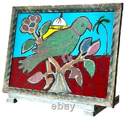 Vintage Indian Glass Bead Painting Parakeet Original Art Deco Wave Incised Frame