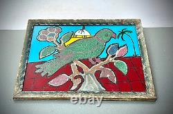 Vintage Indian Glass Bead Painting Parakeet Original Art Deco Wave Incised Frame