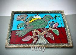 Vintage Indian Glass Bead Painting Parakeet Original Art Deco Wave Incised Frame