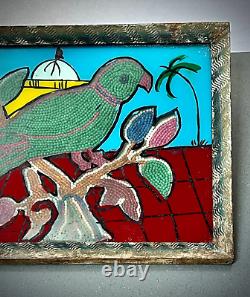 Vintage Indian Glass Bead Painting Parakeet Original Art Deco Wave Incised Frame