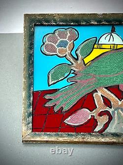 Vintage Indian Glass Bead Painting Parakeet Original Art Deco Wave Incised Frame