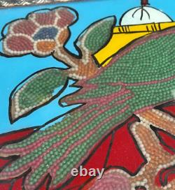 Vintage Indian Glass Bead Painting Parakeet Original Art Deco Wave Incised Frame