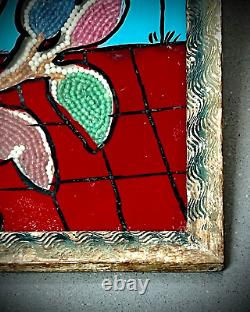 Vintage Indian Glass Bead Painting Parakeet Original Art Deco Wave Incised Frame